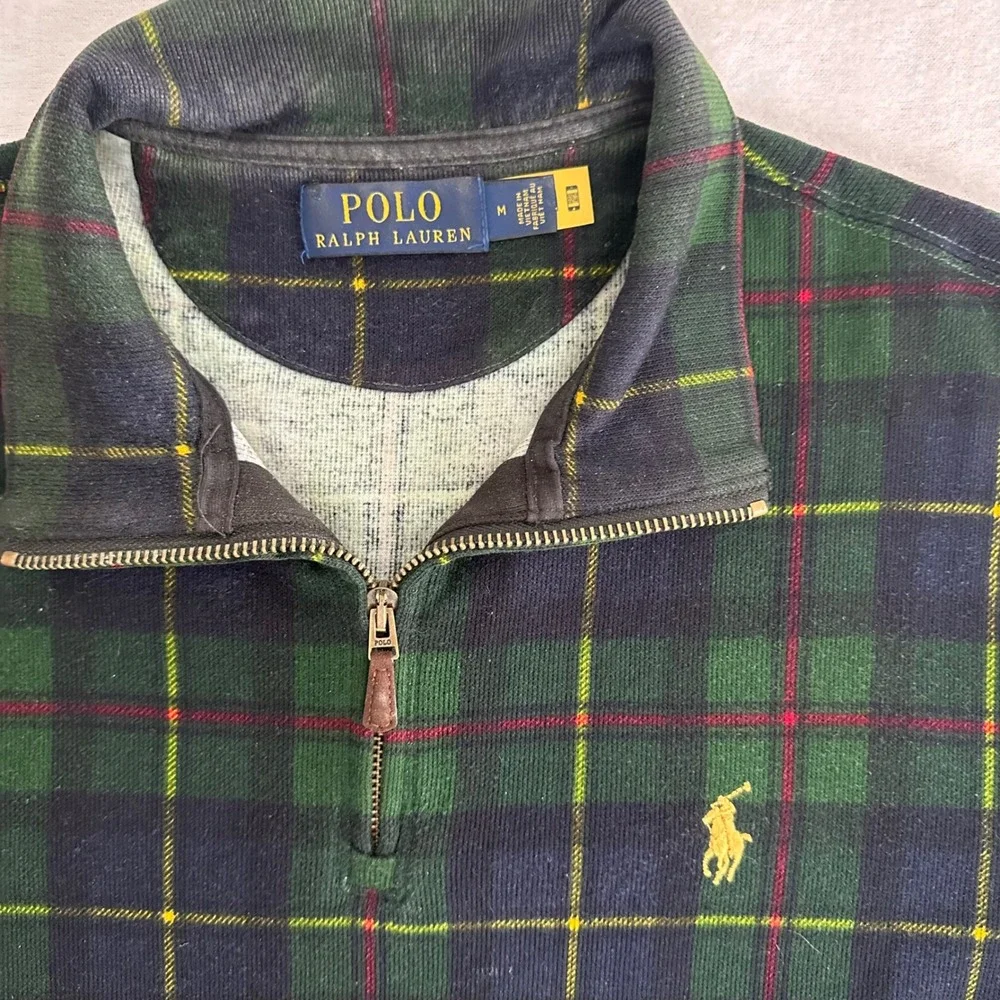 Polo Ralph Lauren Mens Green Tartan Plaid Quarter Zip Sweater Size M Cotton